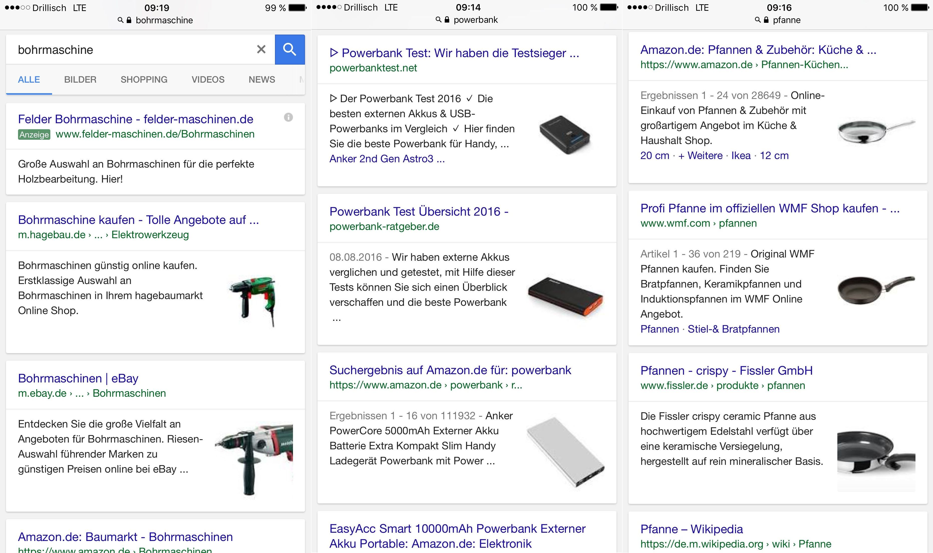 Google Mobile Suchanfragen Bohrmachine - Powerbank - Pfanne